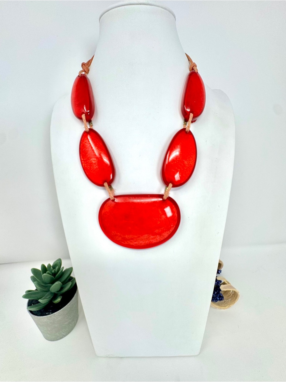 Chunky Red Resin Bib Statement Necklace Excellent Condition